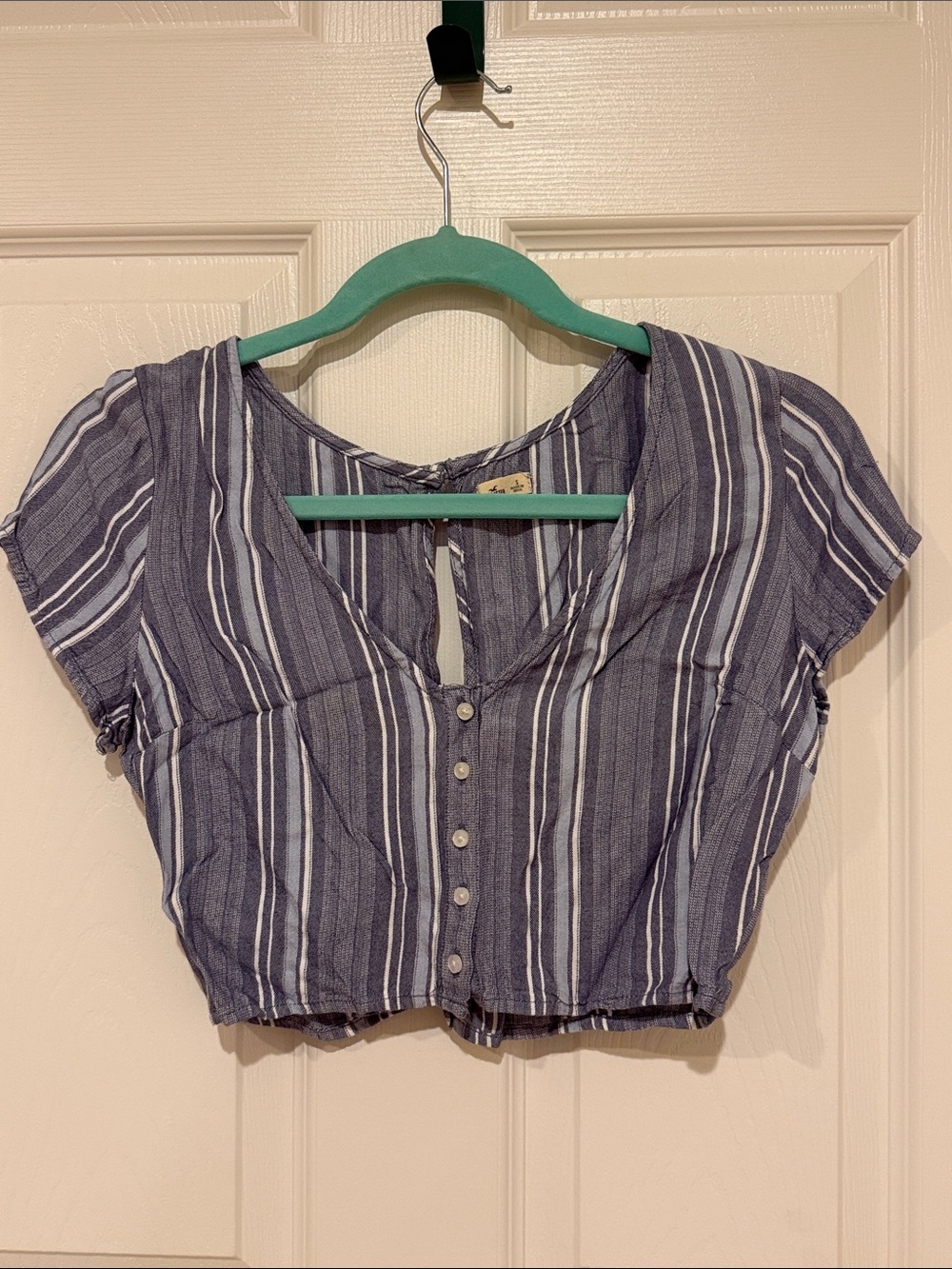 Hollister Navy & White Vertical Stripe Button-Front Crop Top